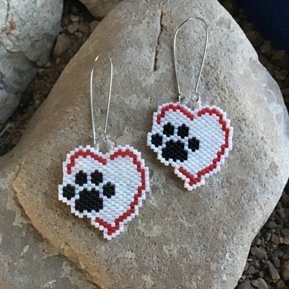 Black, White and Red Puppy Love Heart Beaded Earrings, New, Handmade by Me - Picture 5 of 5